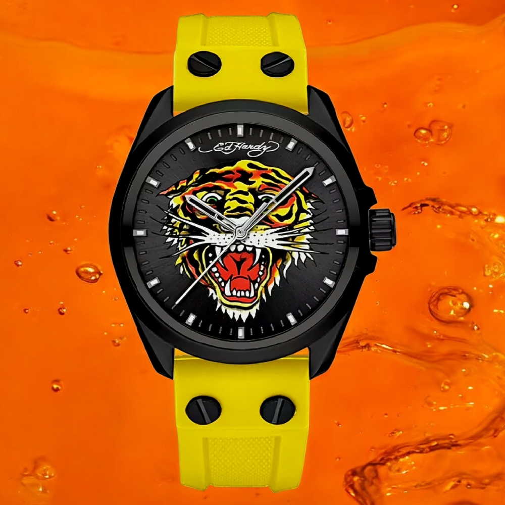 NEW Ed Hardy Matte Yellow Silicone Strap Watch 46mm Y2K